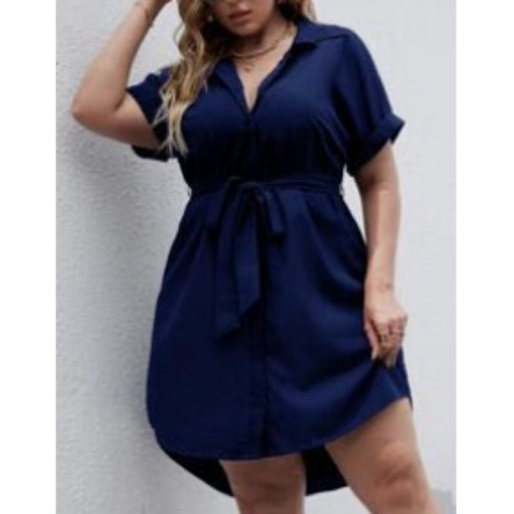 Navy High-Low Solid Button Front Belted Shirt Dress